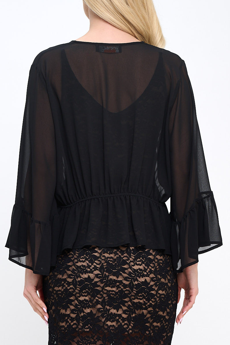 Solid Sheer Deep V neck Tie Top with Bell Sleeve-3