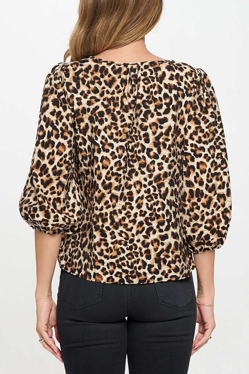 Leopard Print 3/4 Sleeve Top with Front Twist-3