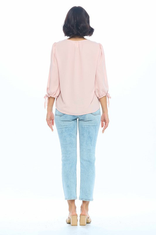 Solid V neck Top with Self Tie Sleeves-4