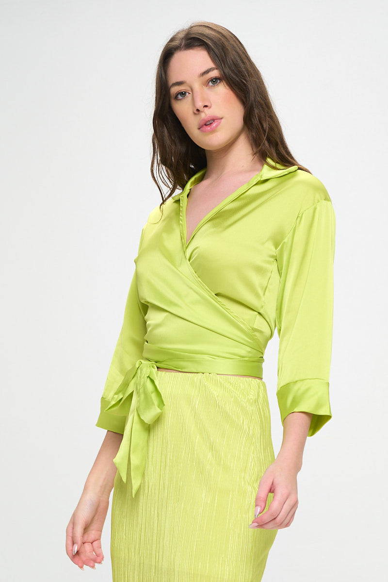 Silky Satin Collared V neck Wrap Top with Tie-2