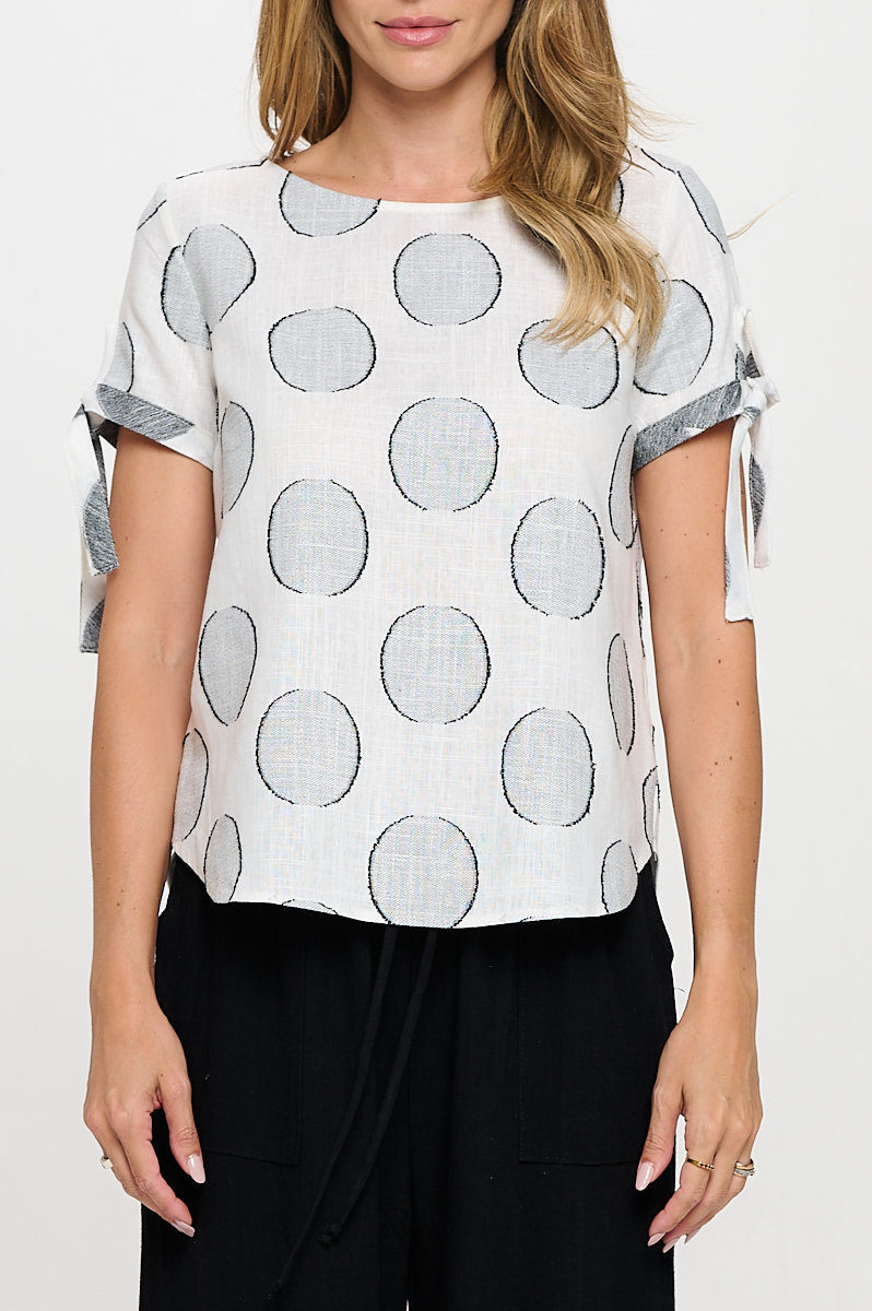 Polka Dot Short Sleeve Top with Tie Sleeve-1