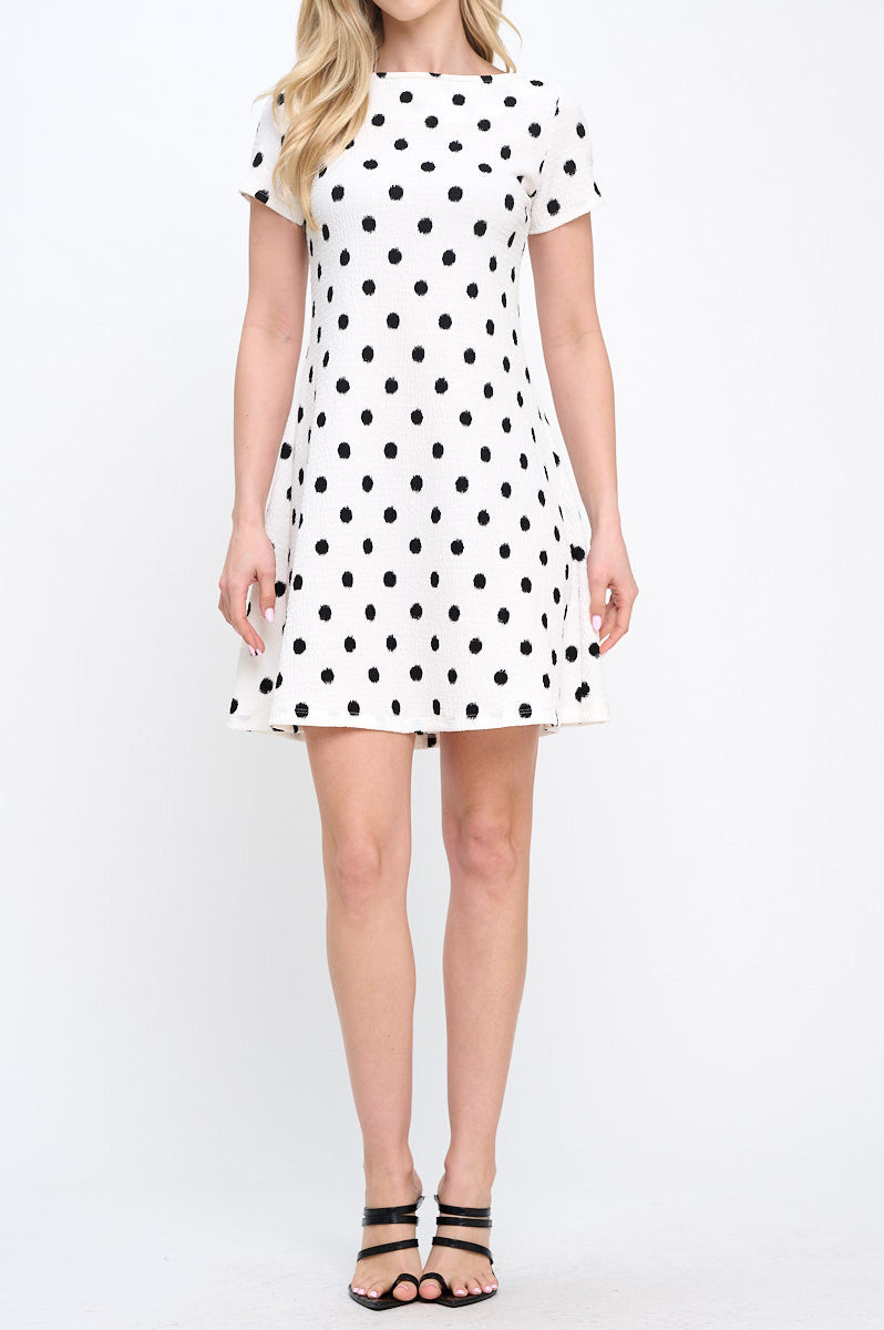 Polka Dot Textured Short Sleeve Swing Dress-1