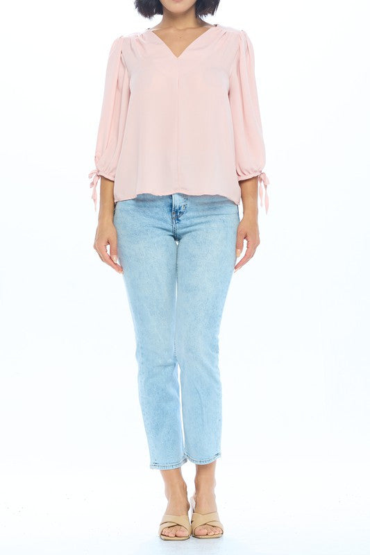 Solid V neck Top with Self Tie Sleeves-2