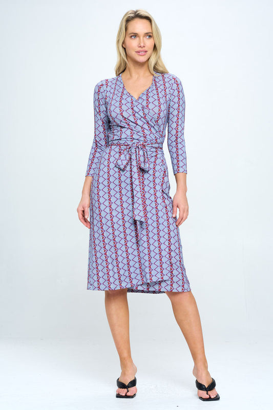 Print V neck Jersey Wrap Dress with Tie-0
