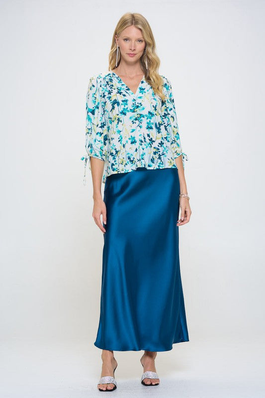 Flower Print V neck Top with Self Tie Sleeves-5