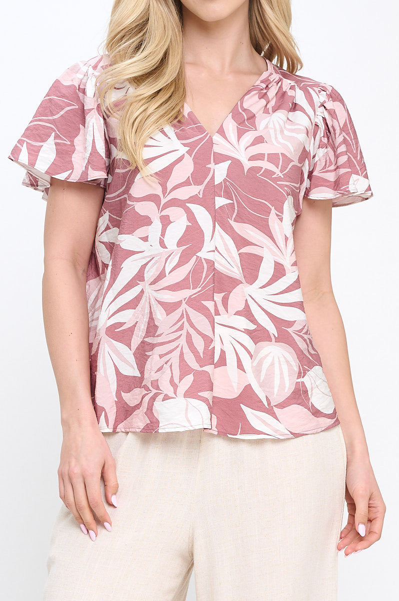 Leaf Print V neck Top with Flutter Sleeve-1
