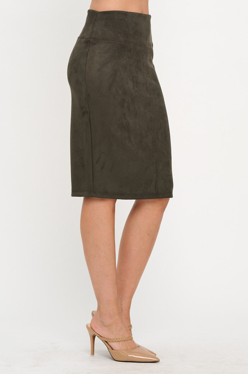 Suede Solid Pencil Midi Skirt with Back Slit-1