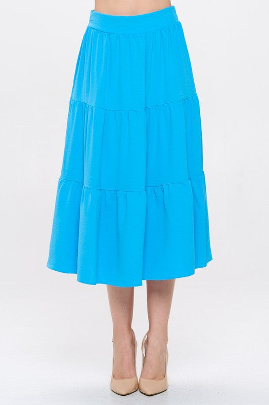 Solid Tiered Midi Skirt with Pockets-0