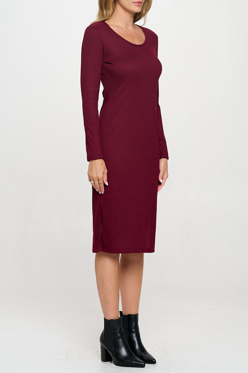 Rib Knit Round neck Bodycon Midi Dress with Side Slit-2
