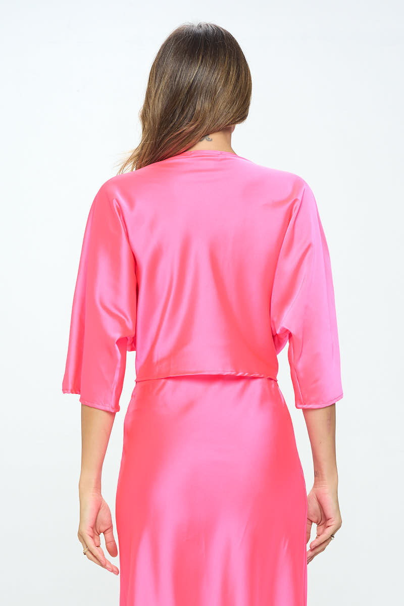 Satin Vibrant Short Sleeve Top with Front Twist-3