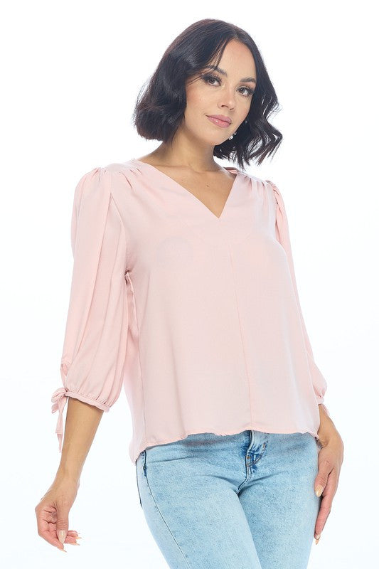 Solid V neck Top with Self Tie Sleeves-3