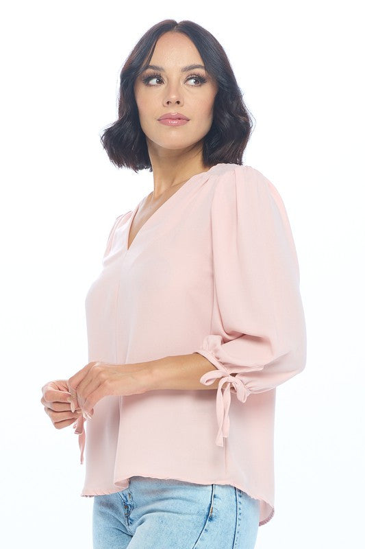 Solid V neck Top with Self Tie Sleeves-1