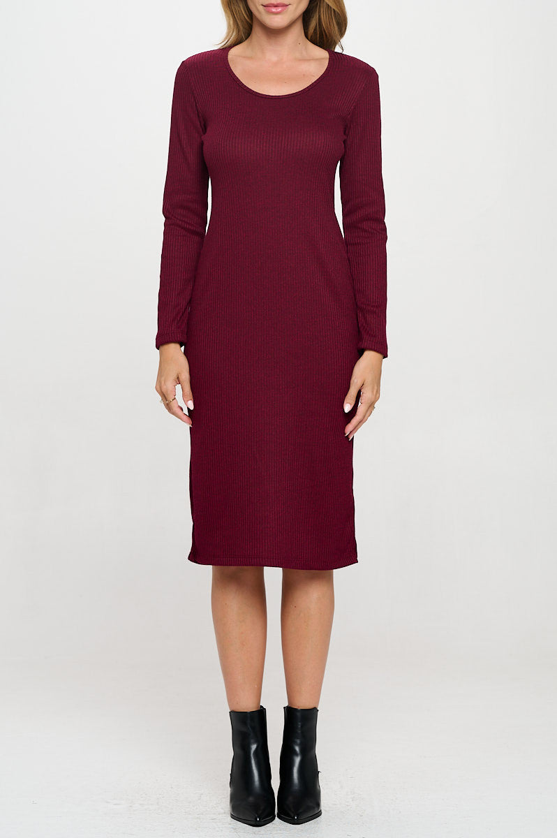 Rib Knit Round neck Bodycon Midi Dress with Side Slit-1