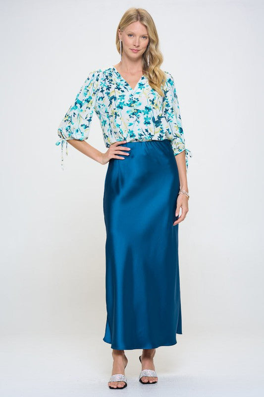 Flower Print V neck Top with Self Tie Sleeves-4