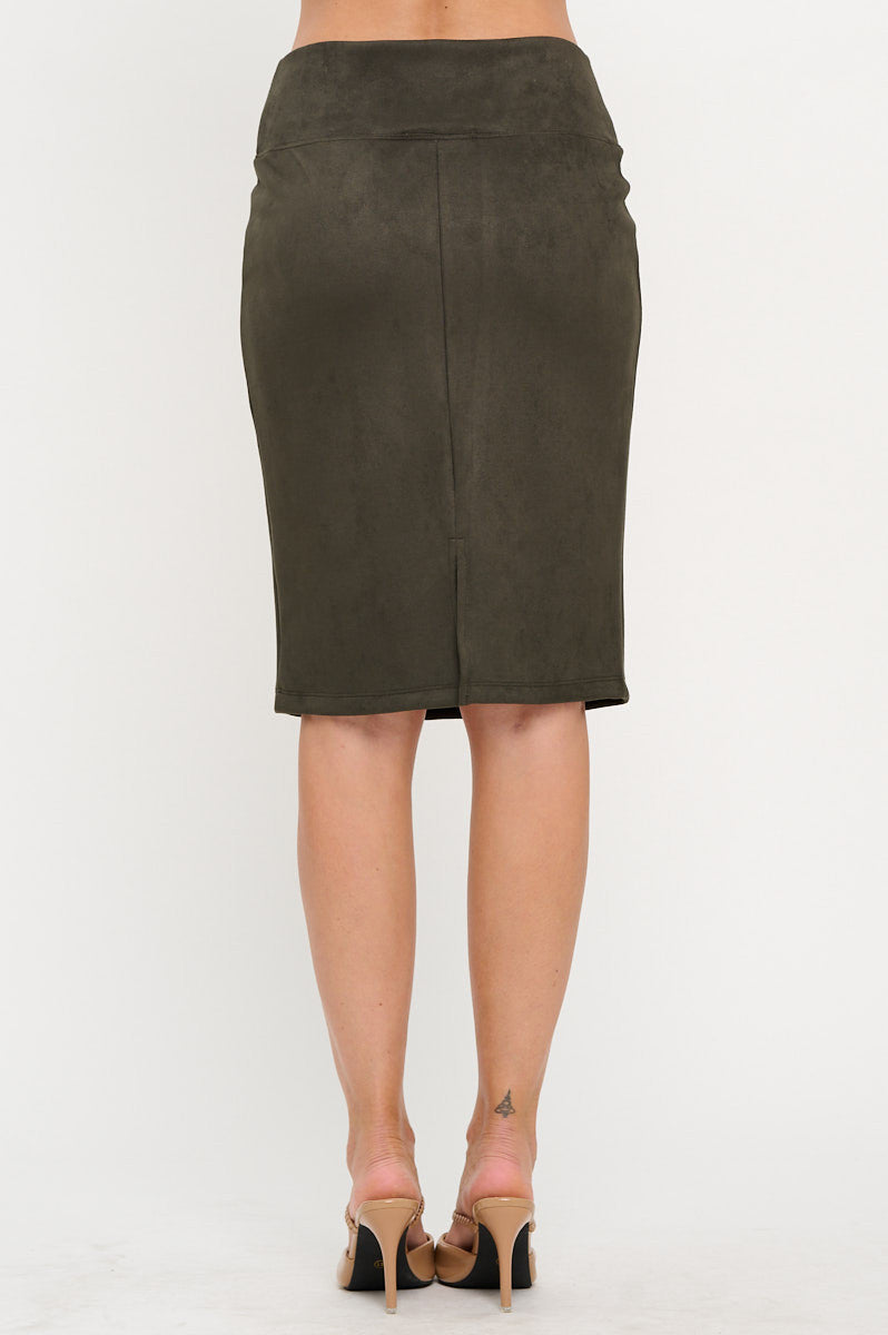 Suede Solid Pencil Midi Skirt with Back Slit-3
