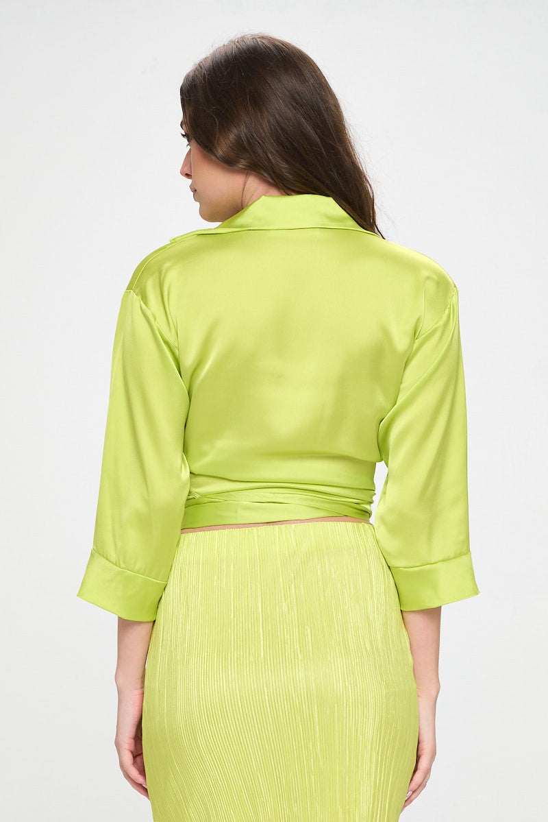 Silky Satin Collared V neck Wrap Top with Tie-3