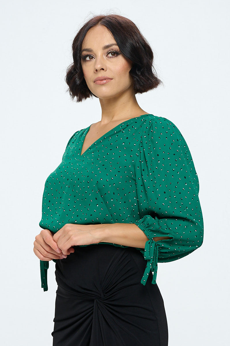 Green Print V neck Top with Sleeve Tie-1