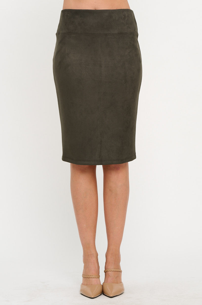 Suede Solid Pencil Midi Skirt with Back Slit-0