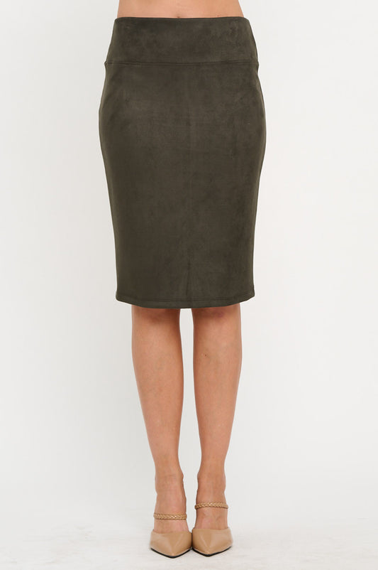 Suede Solid Pencil Midi Skirt with Back Slit-0