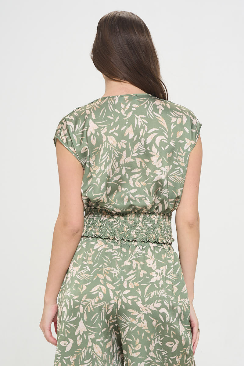 Satin Floral Print V neck Crop Top w Smock Back Detail-3