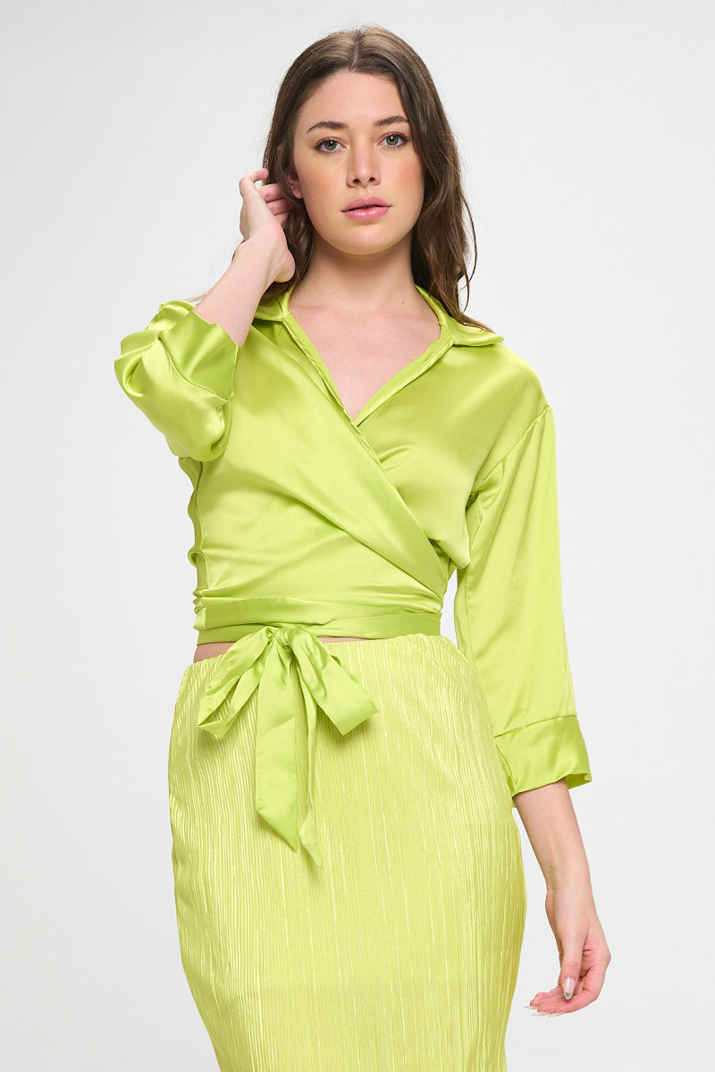 Silky Satin Collared V neck Wrap Top with Tie-1
