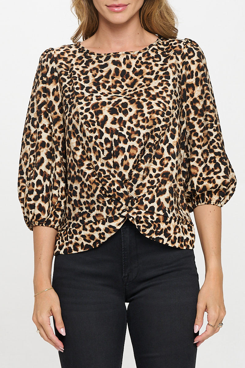 Leopard Print 3/4 Sleeve Top with Front Twist-1