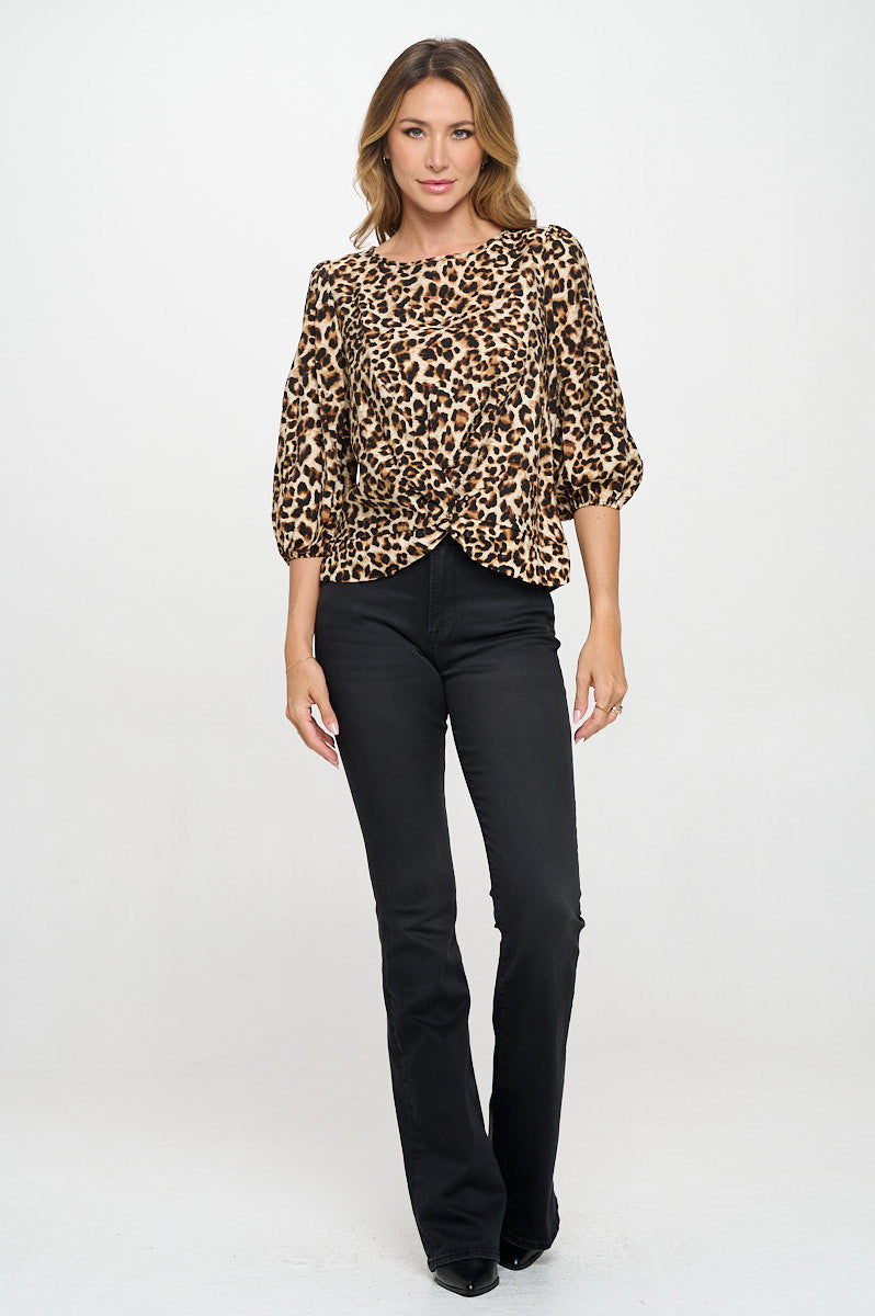 Leopard Print 3/4 Sleeve Top with Front Twist-4