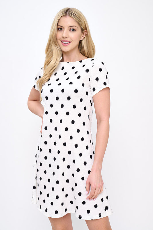 Polka Dot Textured Short Sleeve Swing Dress-0