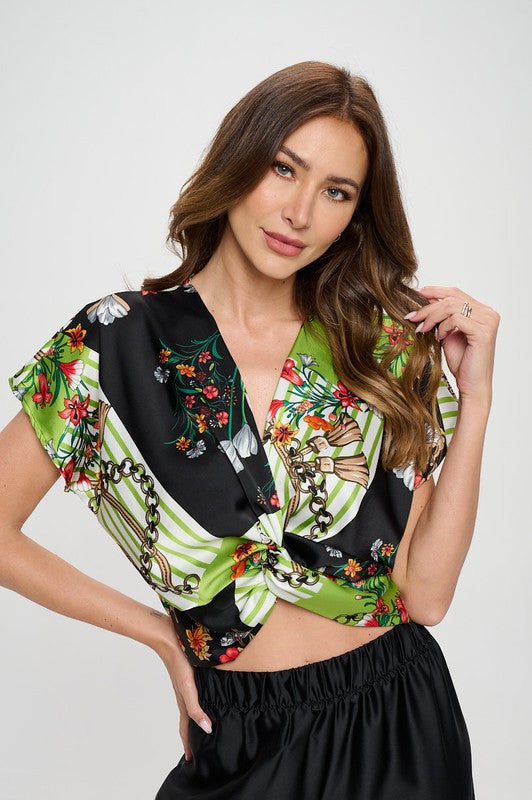 Print Satin Short Sleeve Top with Front Twist-0