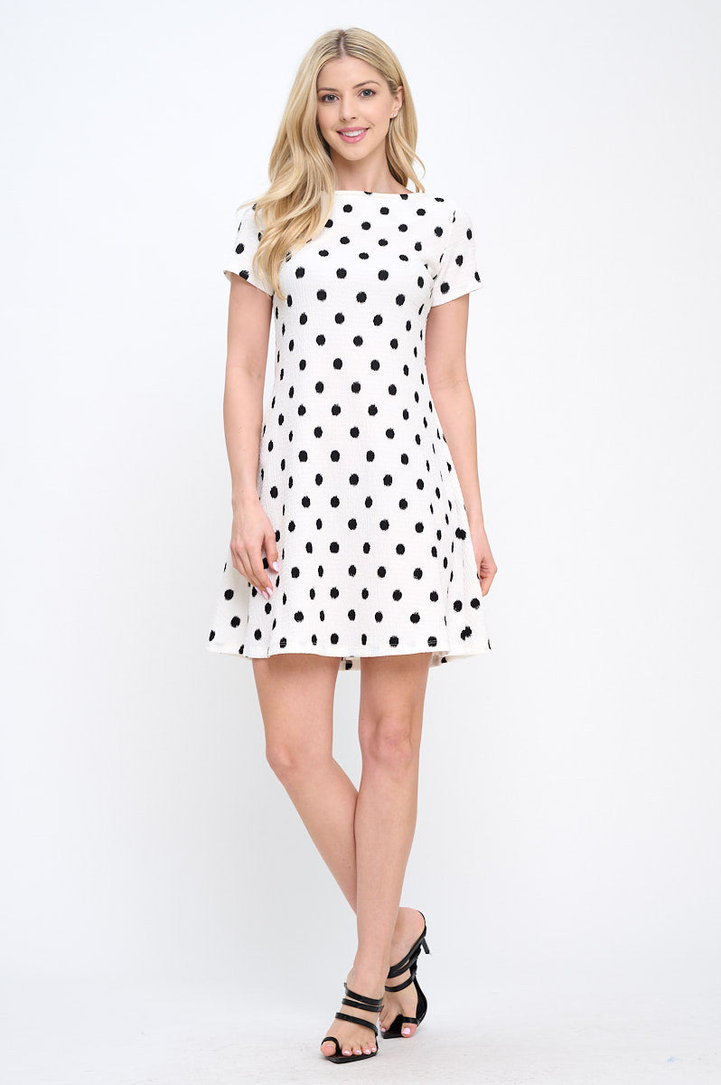 Polka Dot Textured Short Sleeve Swing Dress-4