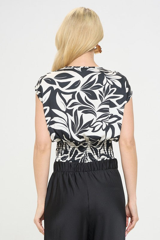 Satin Floral Print V neck 3/4 Sleeve Top with Tie-3