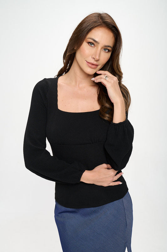 Square neck Rib Knit Long Sleeve Top-0