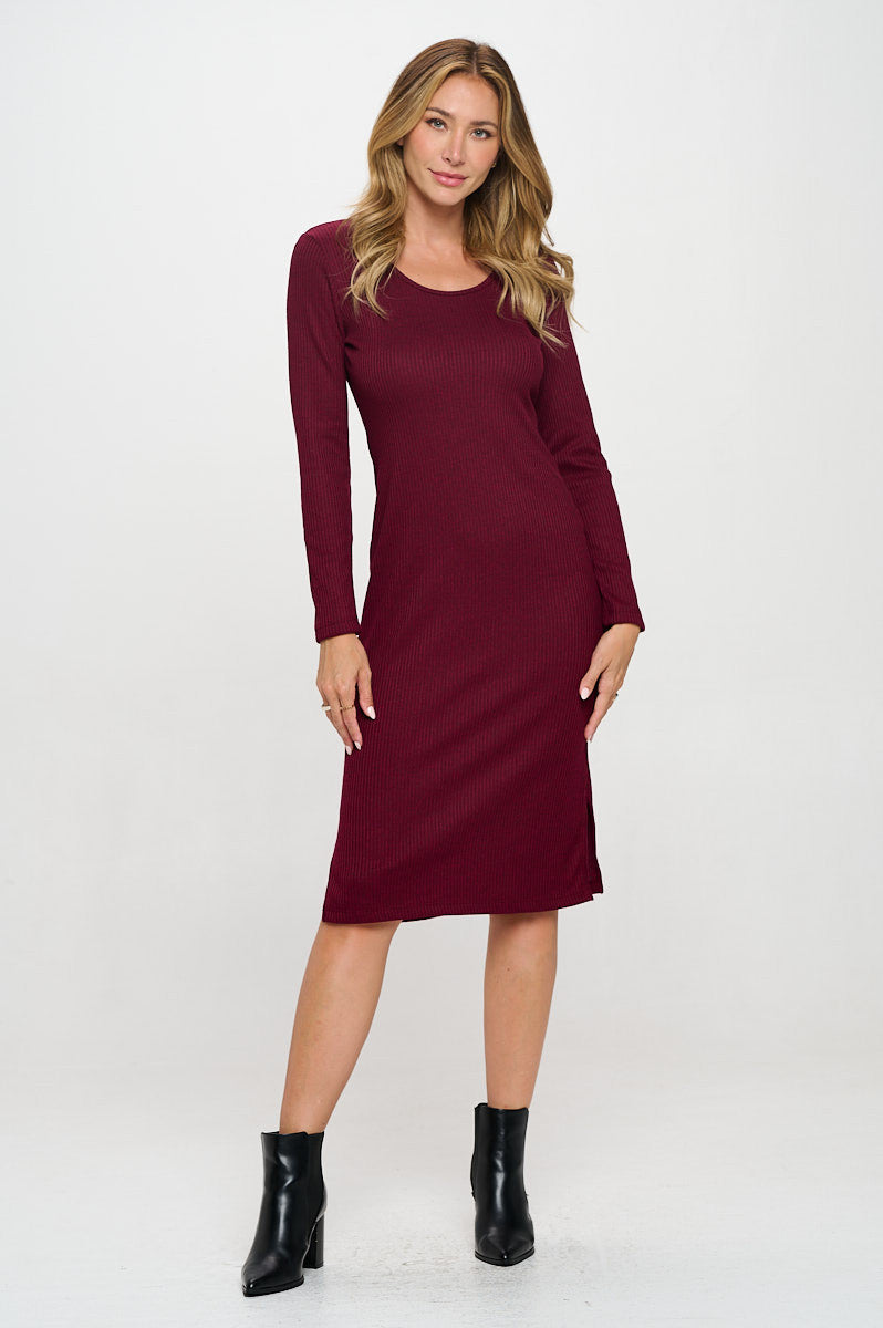 Rib Knit Round neck Bodycon Midi Dress with Side Slit-4