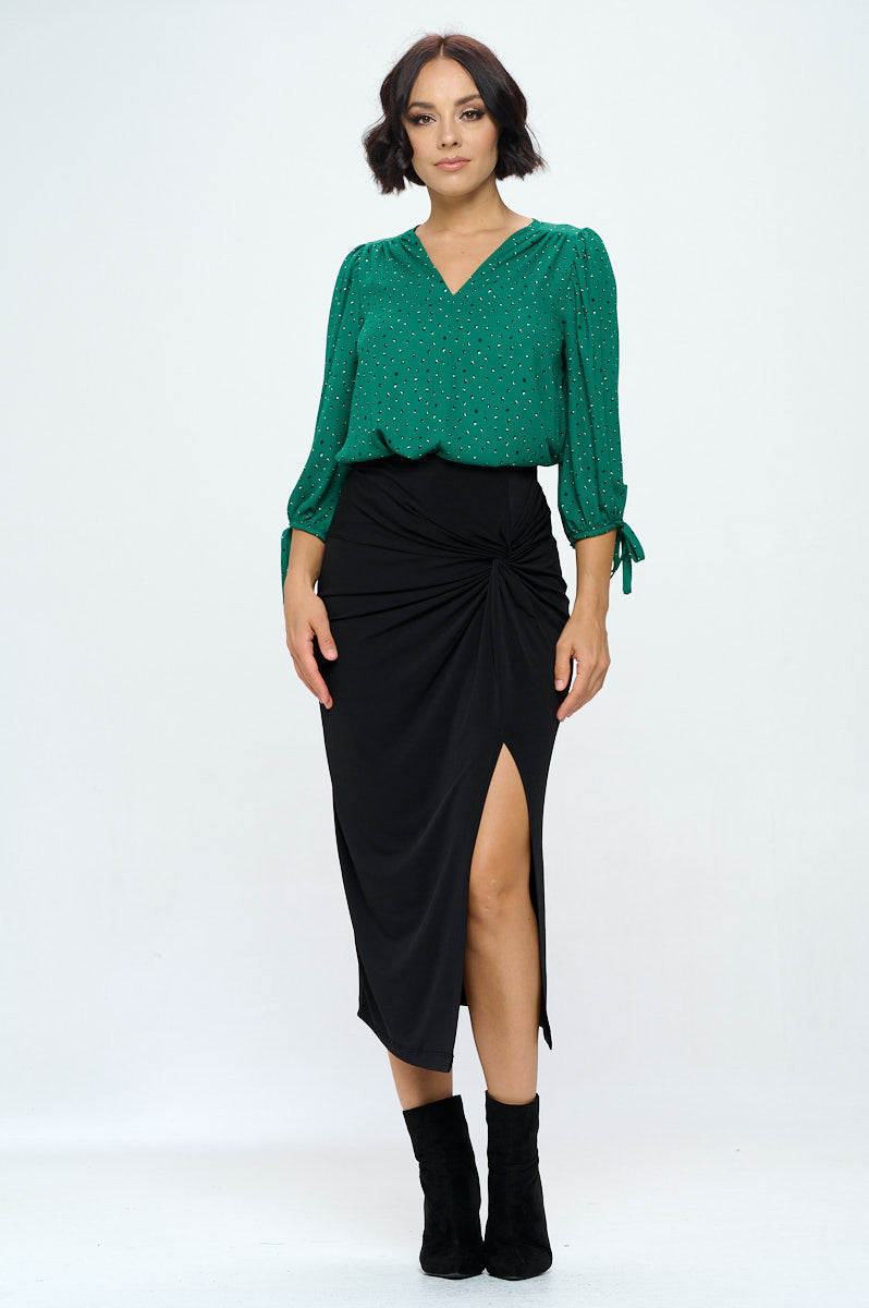 Green Print V neck Top with Sleeve Tie-4