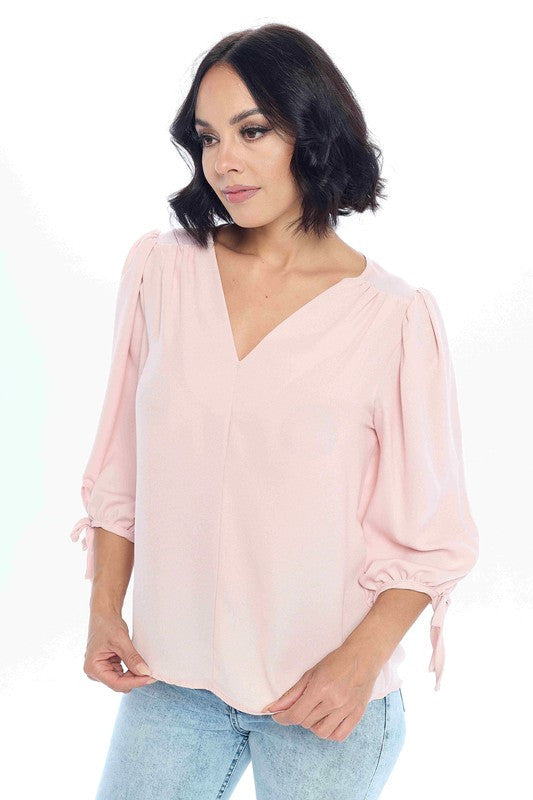 Solid V neck Top with Self Tie Sleeves-0