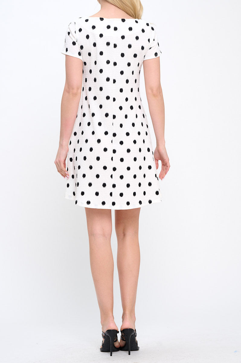 Polka Dot Textured Short Sleeve Swing Dress-3