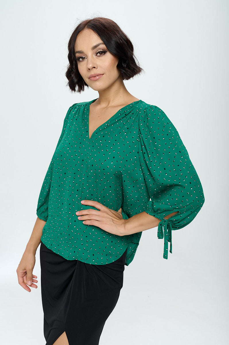 Green Print V neck Top with Sleeve Tie-2