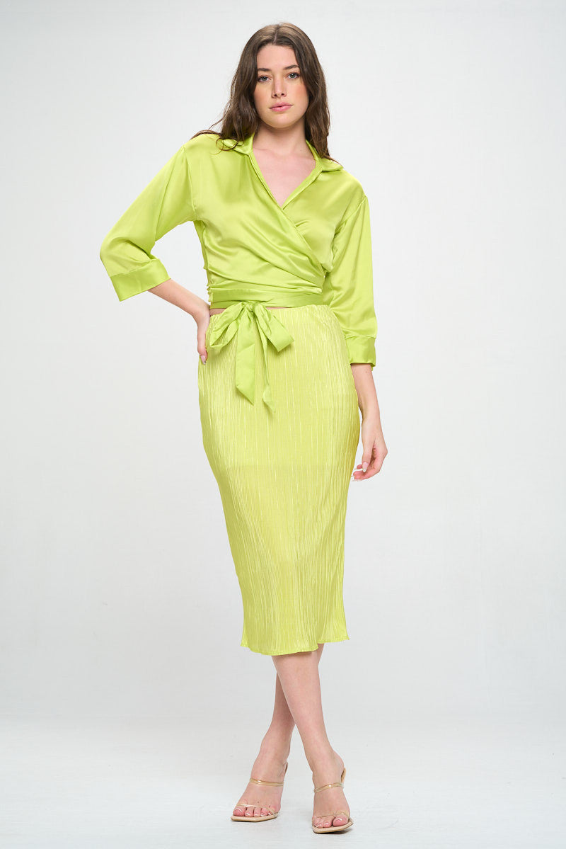 Silky Satin Collared V neck Wrap Top with Tie-4