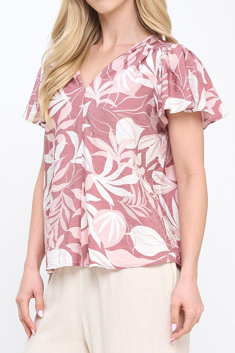 Leaf Print V neck Top with Flutter Sleeve-2