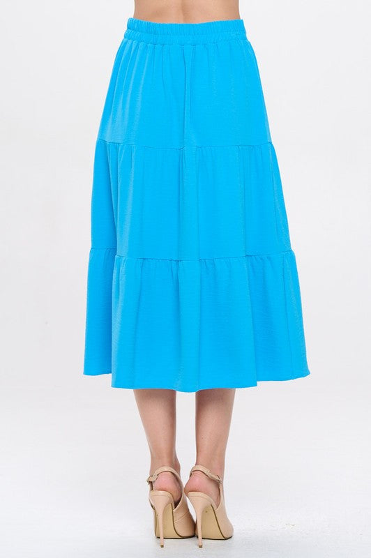 Solid Tiered Midi Skirt with Pockets-3