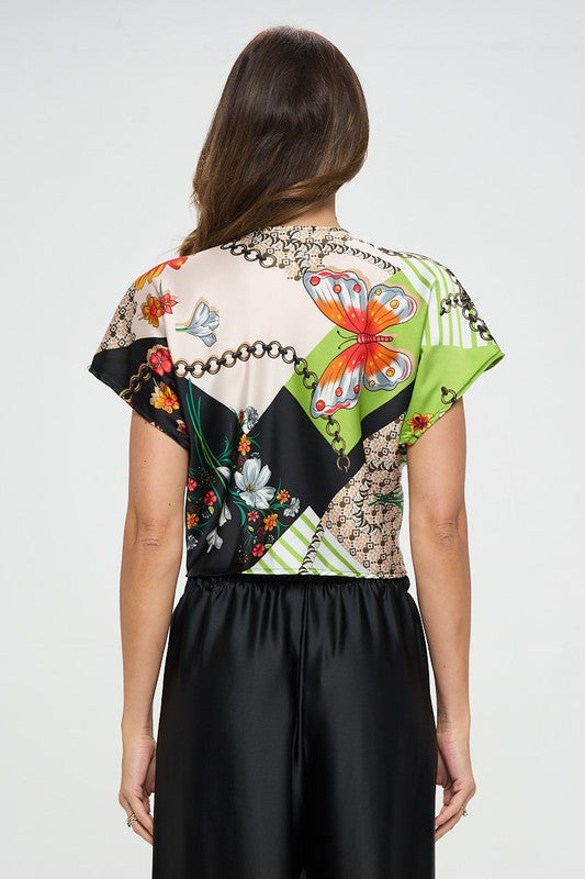 Print Satin Short Sleeve Top with Front Twist-3